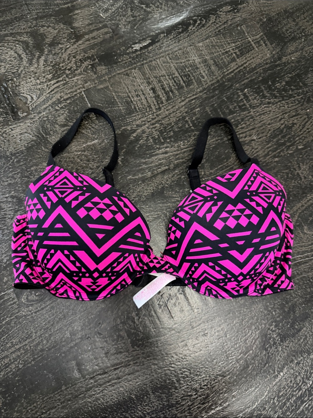 PINK Victoria's Secret Black & Hot Pink Geometric Push-Up Bra